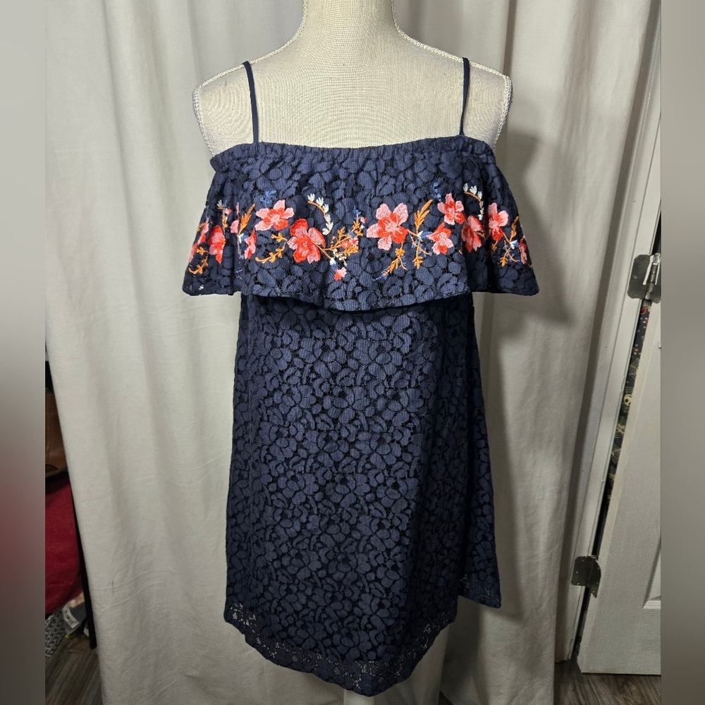 Blue Pepper Off Shoulder Embroidered Dress Mini Sz Small Blue